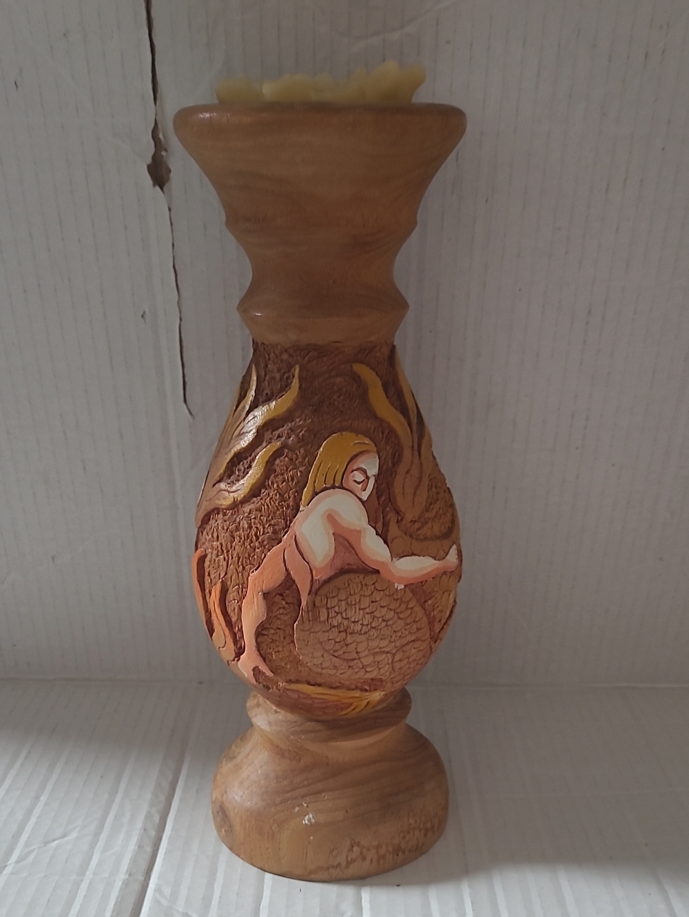 Hand-Carved Wooden Mermaid Candle Holder With Natural & Yellow Accents
